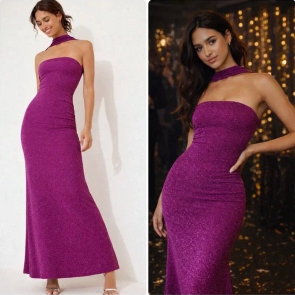 Delfi Collective Dress Mica Maxi Halter Shimmery in Purple